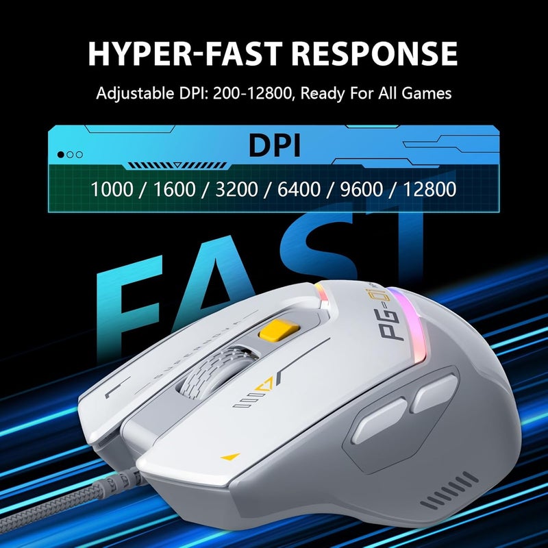 inphic PG1 Wired Computer Gaming Mouse Ergonomic, 12800 DPI High-Precision, 6 Programmable Buttons, RGB Backlit for Gaming - White Gray - Image 3